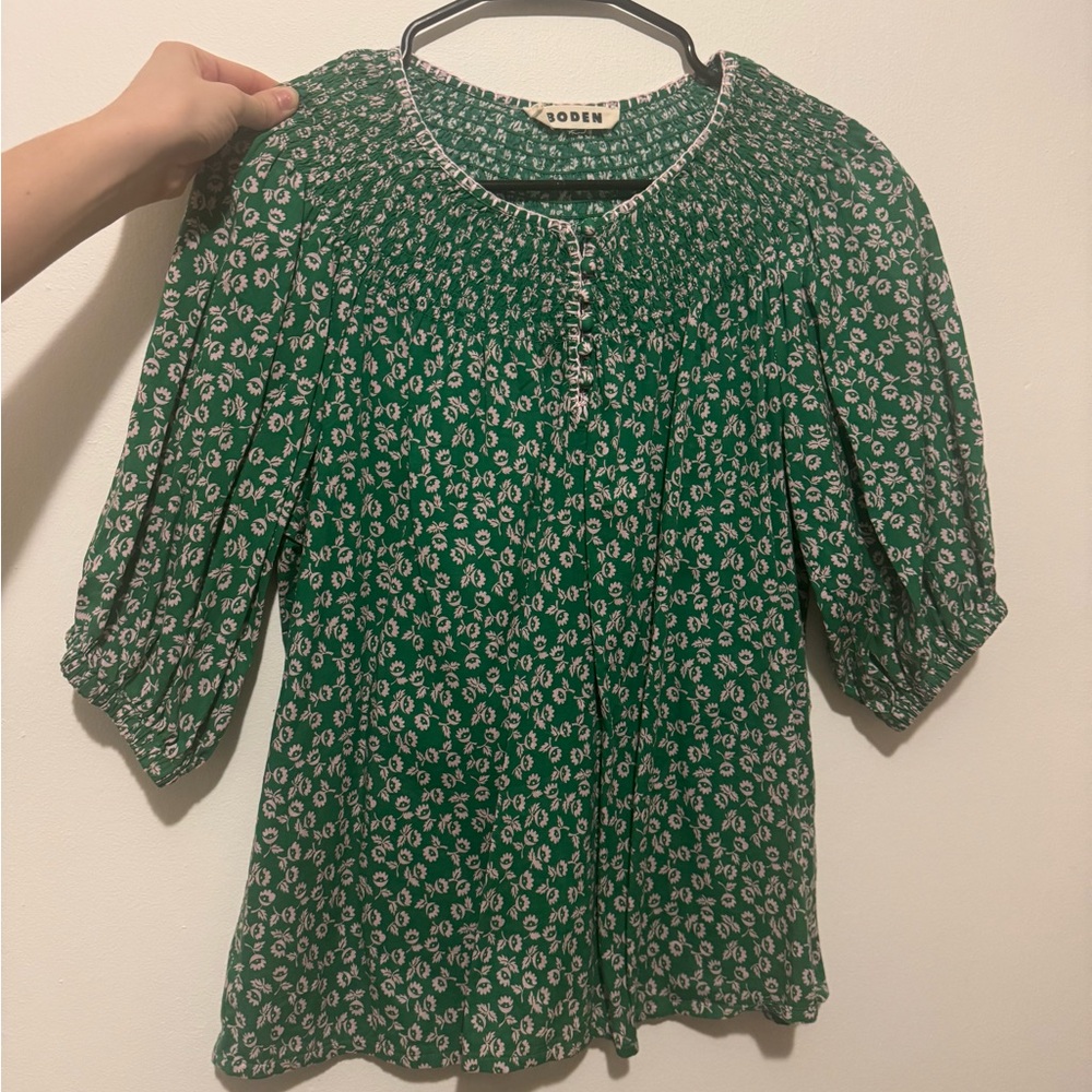 Boden Green Floral Peasant Blouse